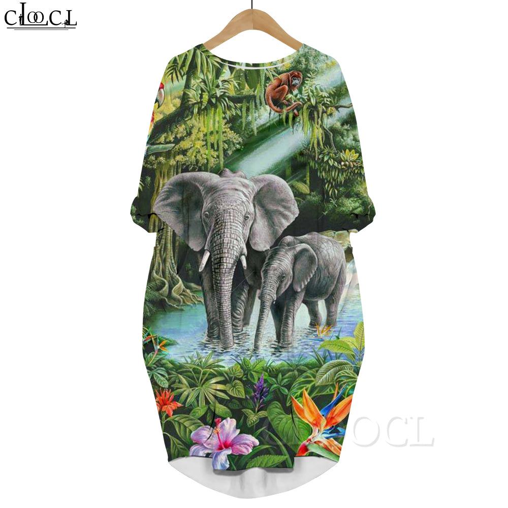 CLOOCL 2022 New Fashion Golden Lion Printed Dress Animal Long-sleeve Pockets Dress Party Dresses Female Clothes Harajuku Style