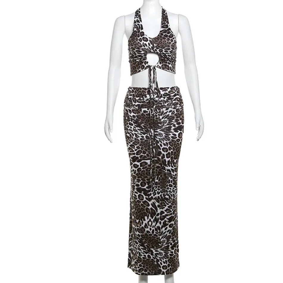 2024 Summer Women's Dress Set Elegant Sexy Backless Sleeveless Lace-up Top Slim Fit Long Skirt Leopard Print Suit Holiday Beach