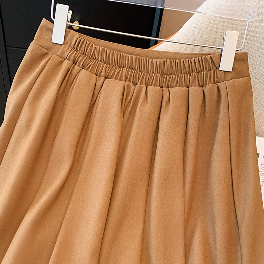 Plus size women's spring and autumn casual high-waist coffee color Medium and long size skirt elastic waist loose skirt 2024 new