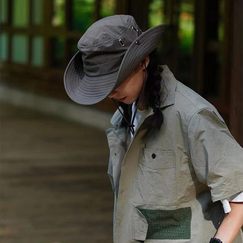 2024 Retro Mountaineering Hat Women Spring Summer Outdoor Camping Drawstring Western Cowboy Hats Simple Sunshade Fisherman Cap