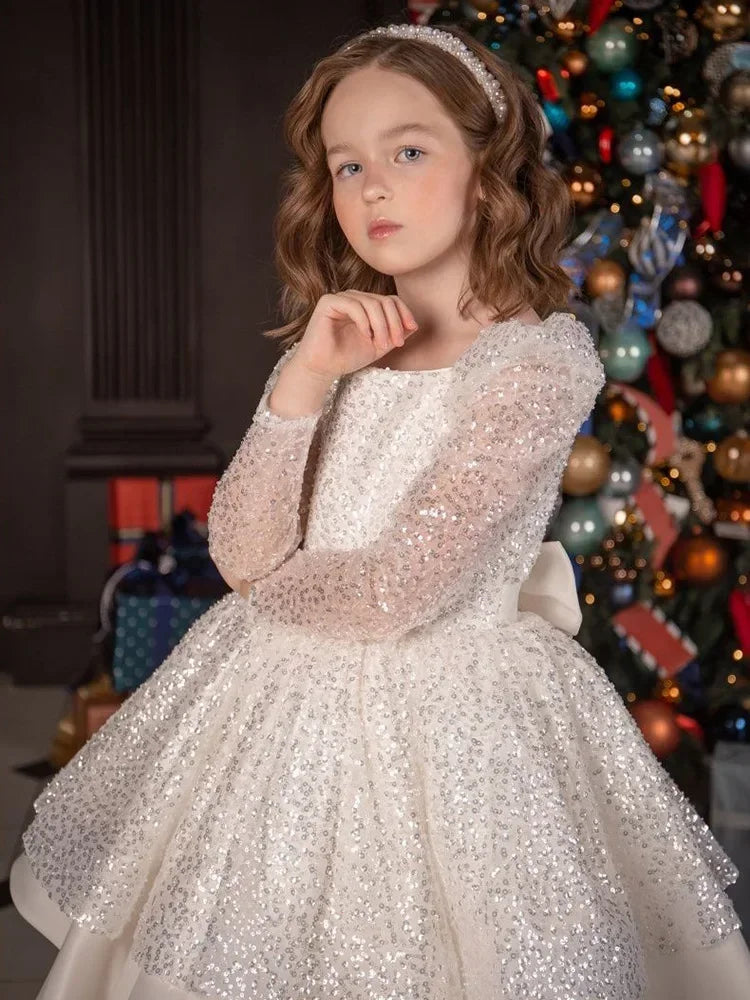 2024 Girls Dress Sequin Mesh Long-sleeved Birthday Party Outfit  New children's Clothes Matching Baby Opening Ceremony Prom