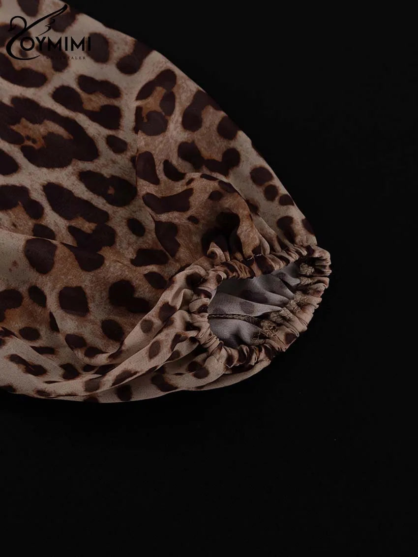 Oymimi Fashion Brown Leopard Print Sets For Women 2 Pieces Elegant Puff Sleeve Button Shirts And Drawstring Shorts Female Sets