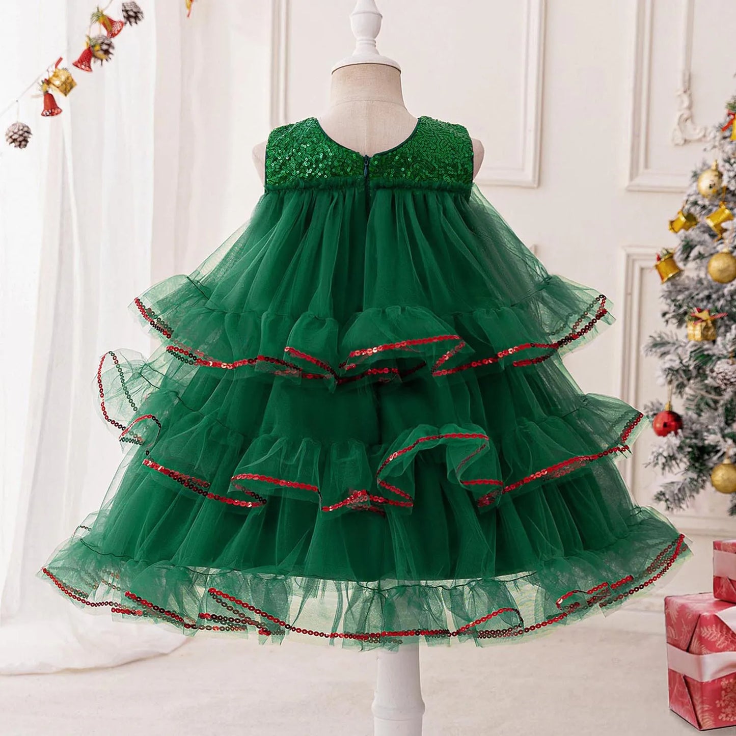 Elegant Baby Girl Christmas Dress Christmas Tree Style Cake Tiered Fluffy Tulle Toddler Ball Gowns 1 2 3 4 Years Newborn Clothes