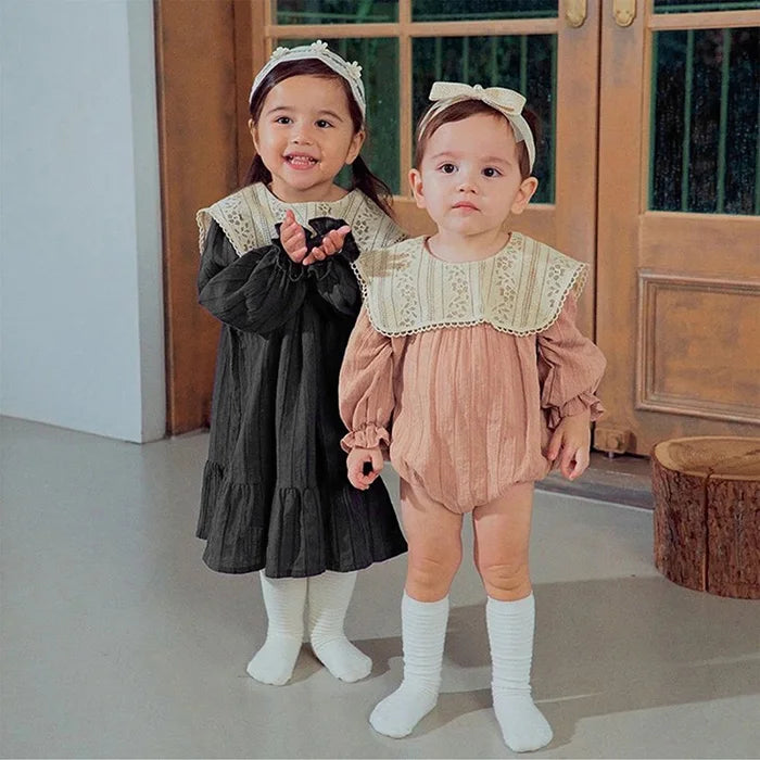 2024 New Spring Sister Clothes 0-3Yrs Kids Princess Dresses Toddler Baby Bodysuits Long Sleeved Cotton Baby Girls Party Dress