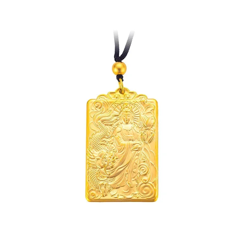 Fine Jewelry Yulong Guanyin Men's Pendant Solid 100% Real Pure Copper 18K Gold Plated High-grade Hangtag Necklace Square Brand