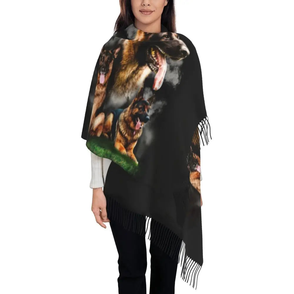 German Shepherd Courage Scarf Wrap Women Long Winter Fall Warm Tassel Shawl Unisex Alsatian Wolf Dog Lover Scarves