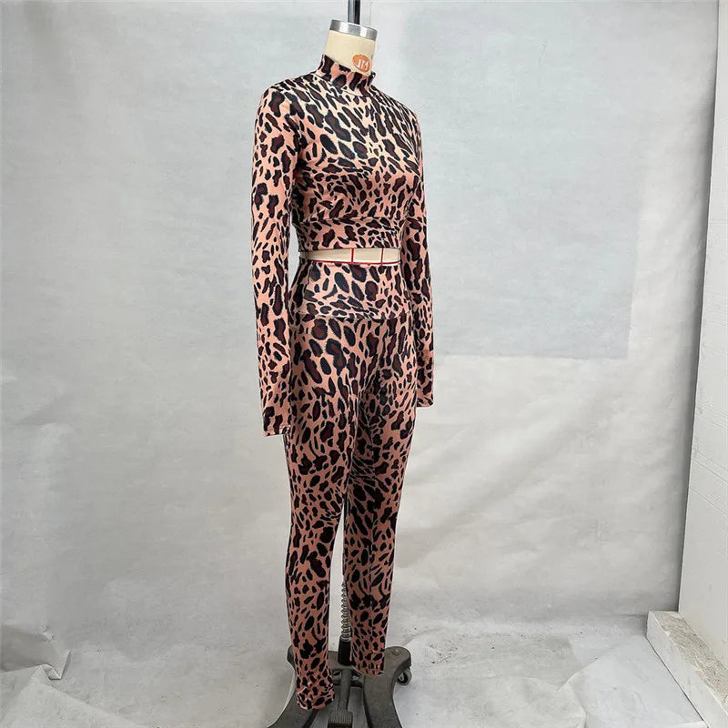 Shestyle Leopard Sporty Women Two Piece Sets Casual Animal Leggings Crop Top Brown Half High Neck Pullover