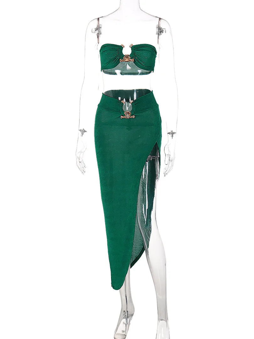 Elegant Sexy Bandeau Top with Slit Asymmetrical Skirt Two Piece Set Women Summer Party Festival Matching Sets Orange