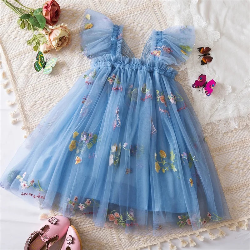 0-5 Years Girls' Dress Butterfly Dress for Summer New Flying Sleeve Mesh Princess Dress Baby Girls Floral Embroidery Clothes