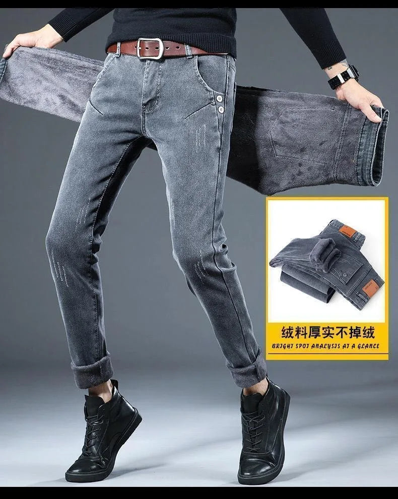 2024 Winter New Fashion Plus Fleece Thick Warm Jeans Men's Casual Relaxed Comfortable Stretch High Quality Plus-Size Pants 28-36