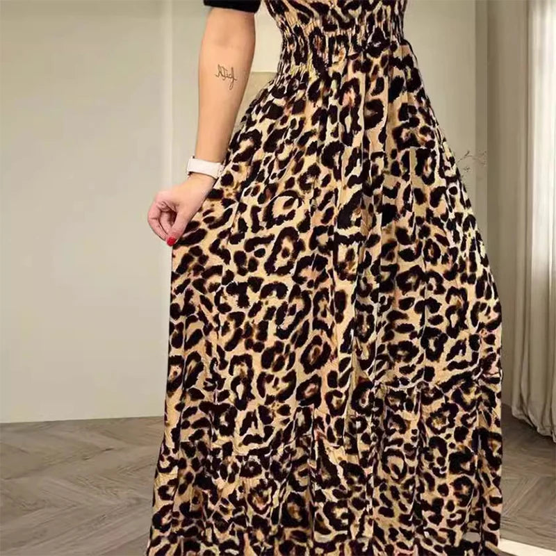 Summer Women's Leopard V-neck Suspender Dress Bohemian Style High Waist Sexy Temperament Fashion Dress Holiday Party Sundress