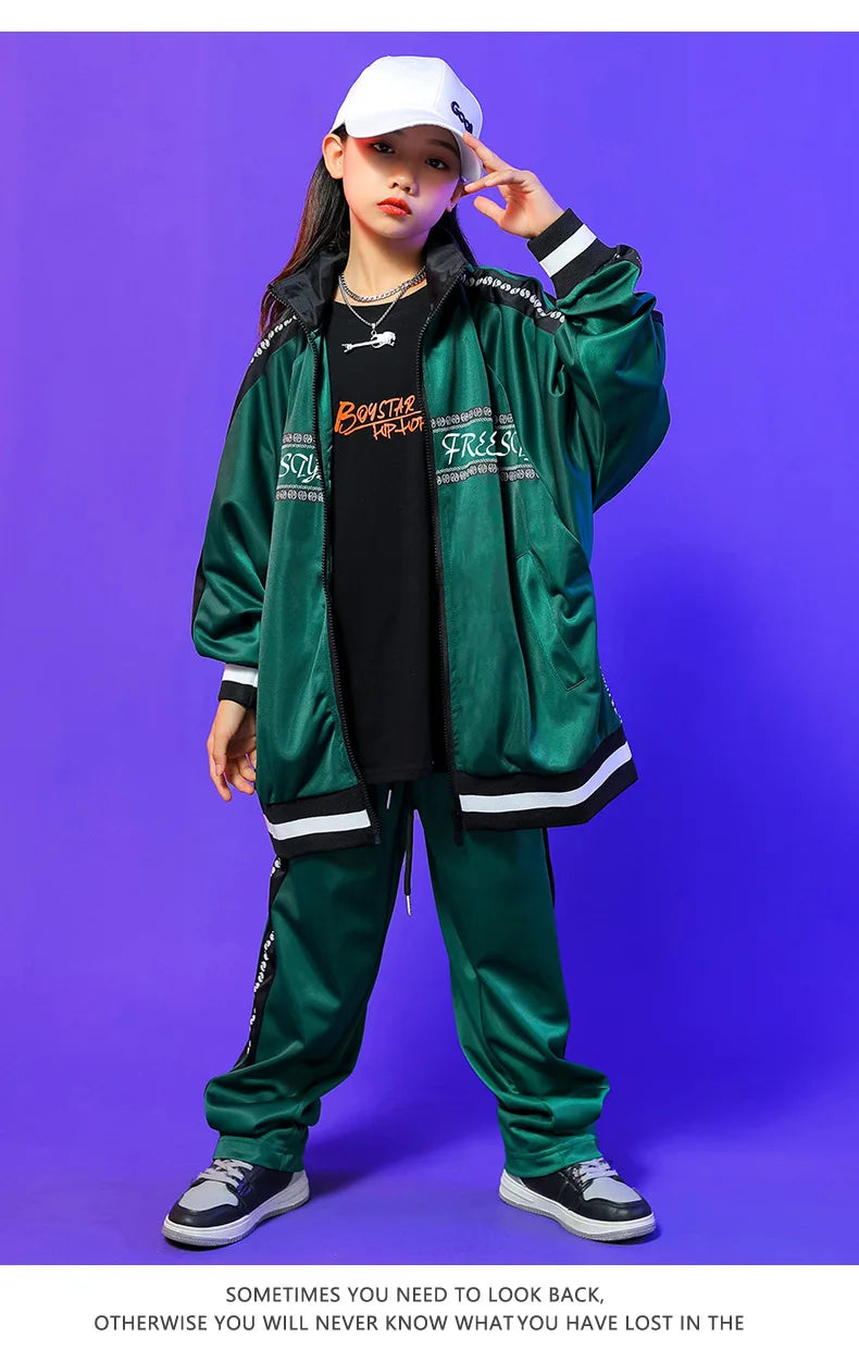 Kids Hip Hop Clothing Green Long Sleeves Outfit Coat Pants Boys Girls Modern Street Dance Costume Concert Show Clothing BL9005