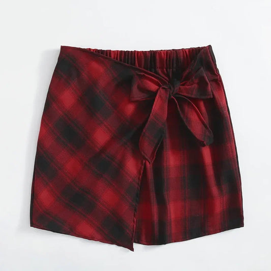 Plus Size Elastic Waist Summer Spring Casual Bandage Plaid Skirt Women Bow Front Vintage Checked Mini Skirt Plus Size Bottoms