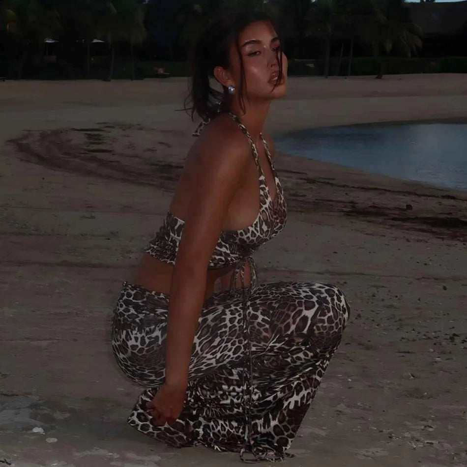 2024 Summer Women's Dress Set Elegant Sexy Backless Sleeveless Lace-up Top Slim Fit Long Skirt Leopard Print Suit Holiday Beach