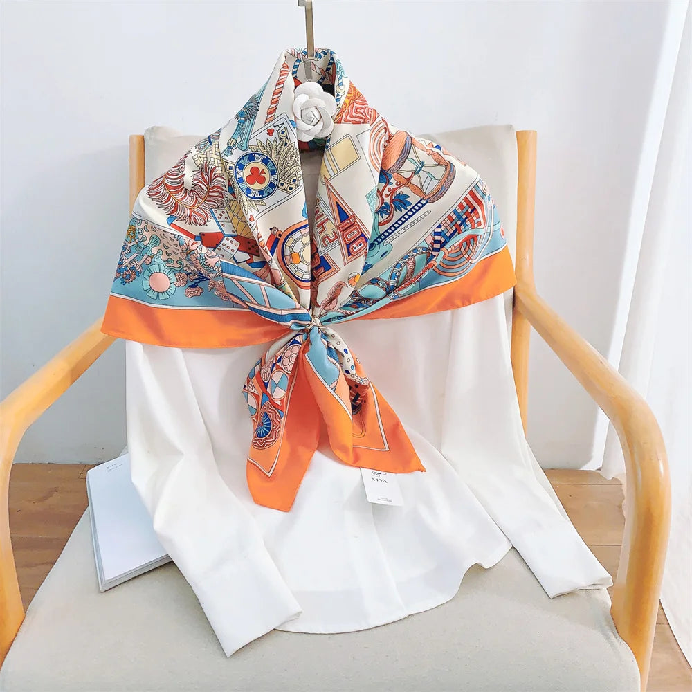 Twill Headscarf for Women Chain Geometric Print 90*90cm Square Scarf Hijab Bandana Female Neckerchief Hand Shawl Wraps Echarpe