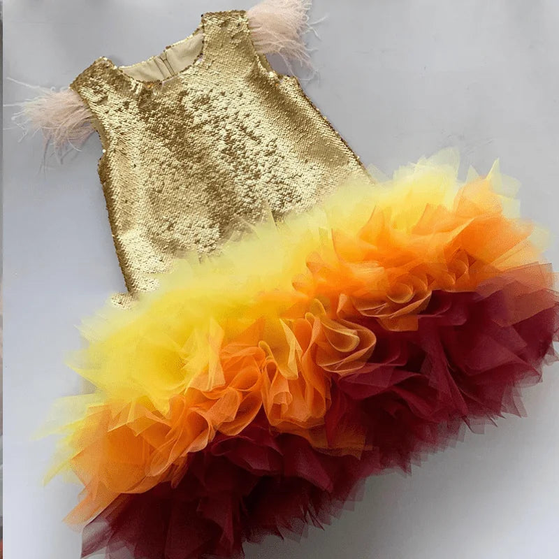 Baby Girl Princess Feather Sequin Dress Infant Toddler Child Teens Rainbow Vestido Party Pageant Birthday Baby Clothes 1-14Y