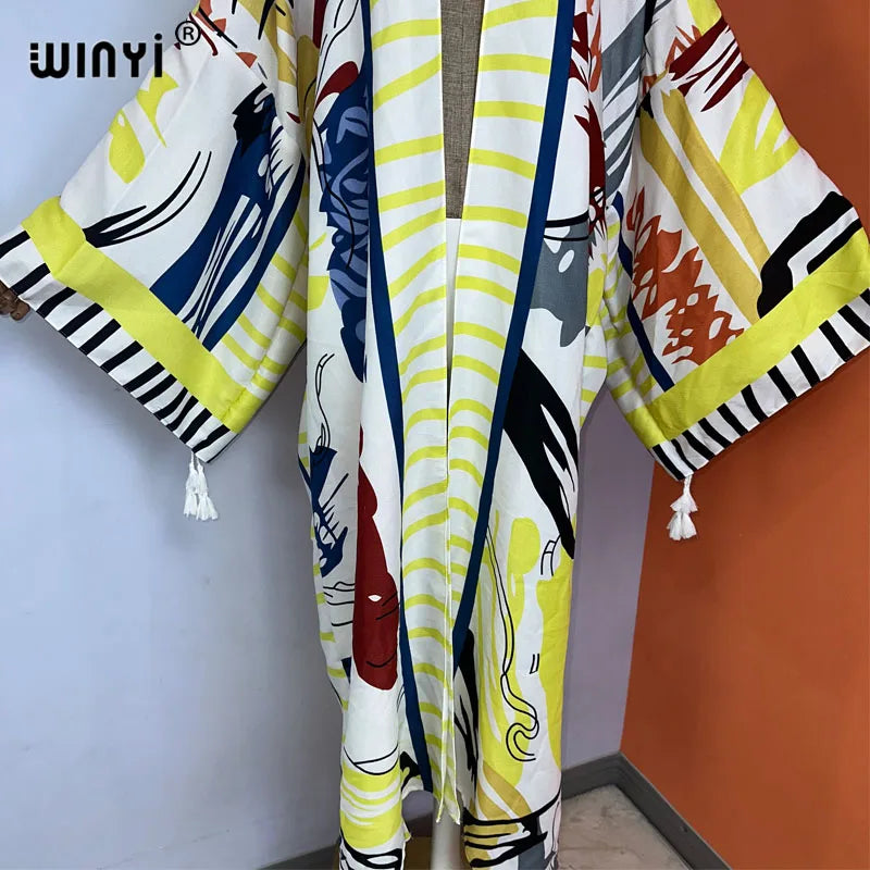 WINYI kimono new boho beach summer print Bikini cover-ups sexy vestidos para playa long Sleeve swimsuit woman 2023 maxi dress