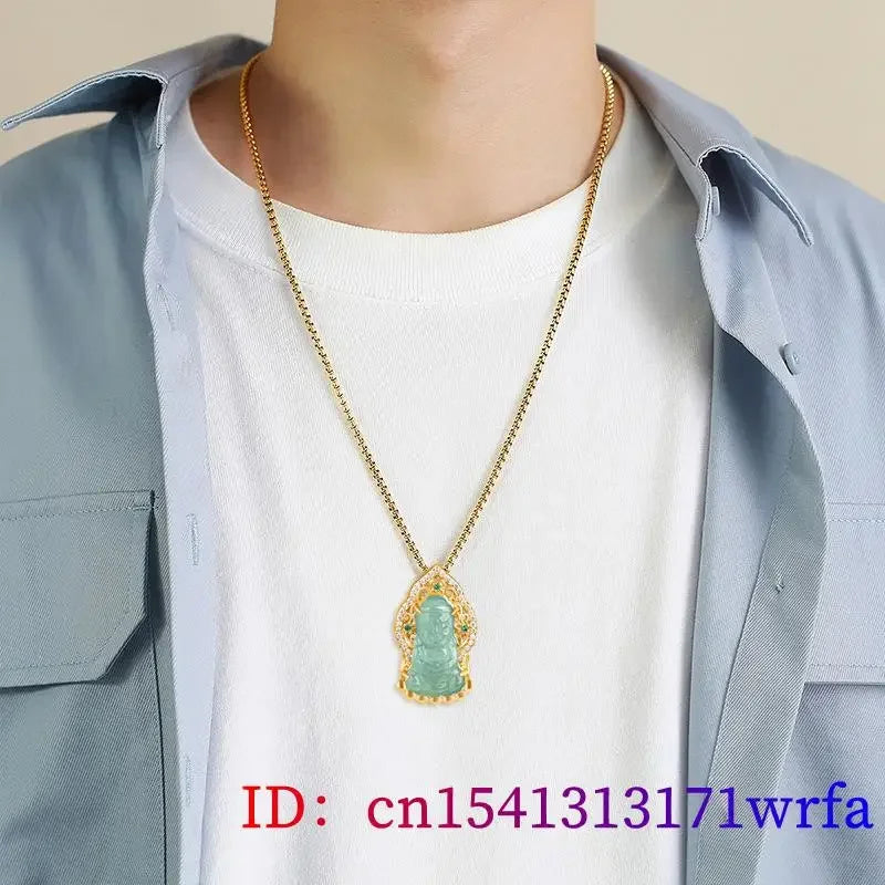 Blue Jadeite Buddha Pendant Amulet Necklace 18K Gold Plated Jewelry Man Natural Real Burmese Jade Talismans Choker Stone
