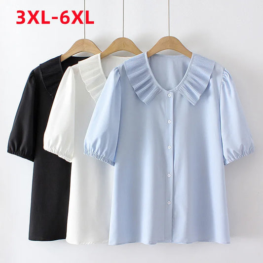 New 2022 Summer Plus Size Tops For Women Large Size Blouse Short Sleeve Loose Blue White Cute Shirt 3XL 4XL 5XL 6XL