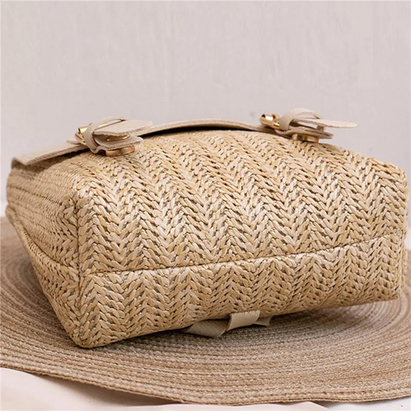Fashion Women's Shoulder Bag Vintage Straw Woven Bag PU Leather Shoulder Bag Elegant Luxury Versatile Designer Backpack Mochilas