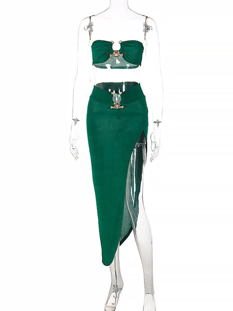 Elegant Sexy Bandeau Top with Slit Asymmetrical Skirt Two Piece Set Women Summer Party Festival Matching Sets Orange