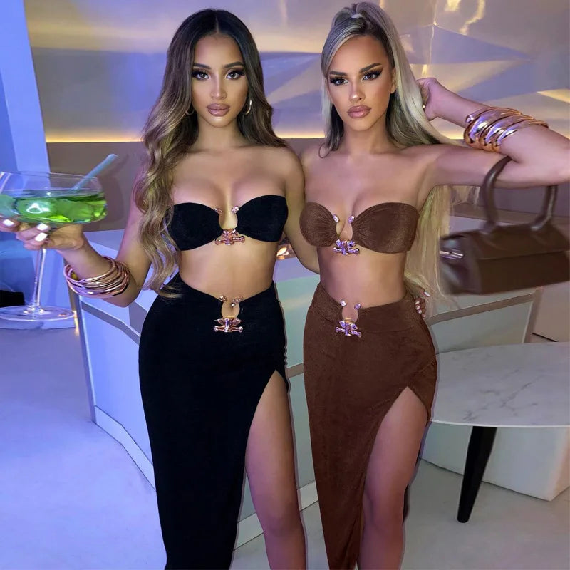 Elegant Sexy Bandeau Top with Slit Asymmetrical Skirt Two Piece Set Women Summer Party Festival Matching Sets Orange
