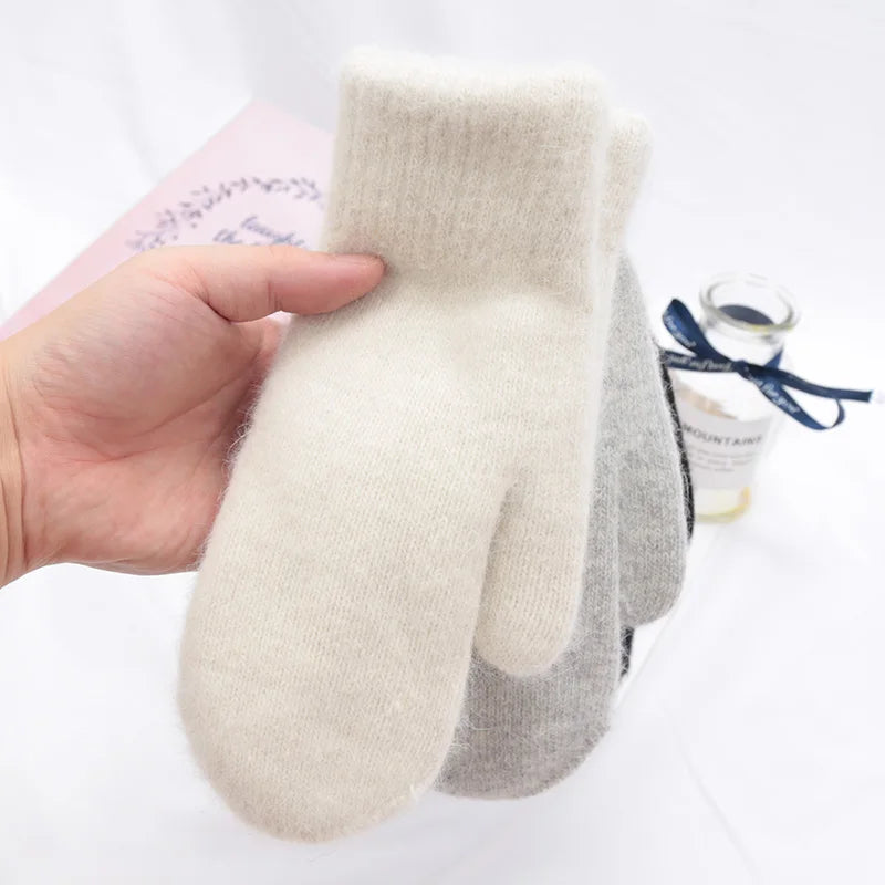 1Pair Cute Winter Double-layer Rabbit Hair Gloves Female Plush Solid Color All Fingers Women Girls Soft Thicken Warm Mittens