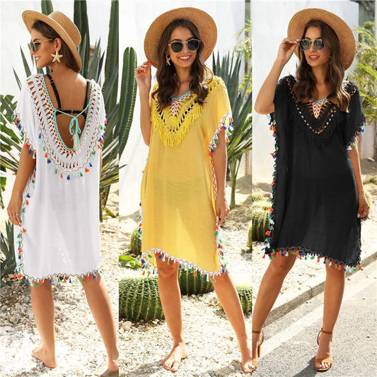 Beach Cover Up for Women Swimwear Tunic Fringe Ups Swim Bikini Ladies Dress Yellow 2024 vestido playero Cover-Ups Robe Pareos