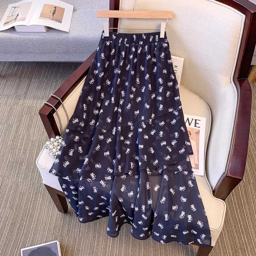 Plus-size Women's summer casual commuting loose comfort chiffon skirt Black print irregular high waist lined long skirt large