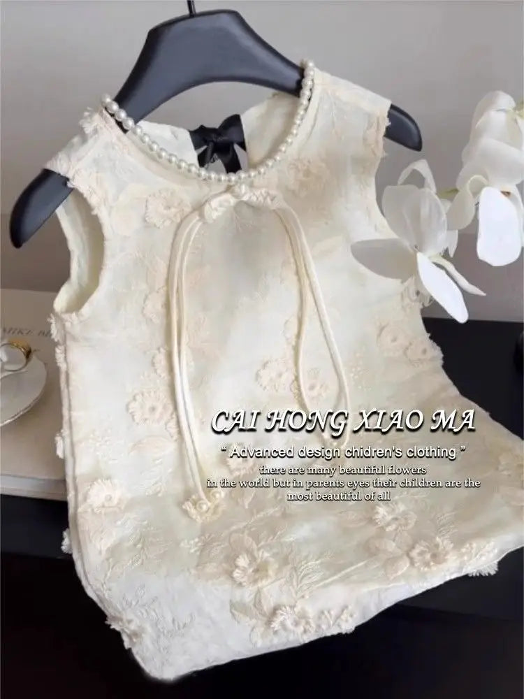 Childrens Wear 2024 New Girls Dress Summer Childrens Fashion Bow Embroidered Princess Dress Girl Clothes