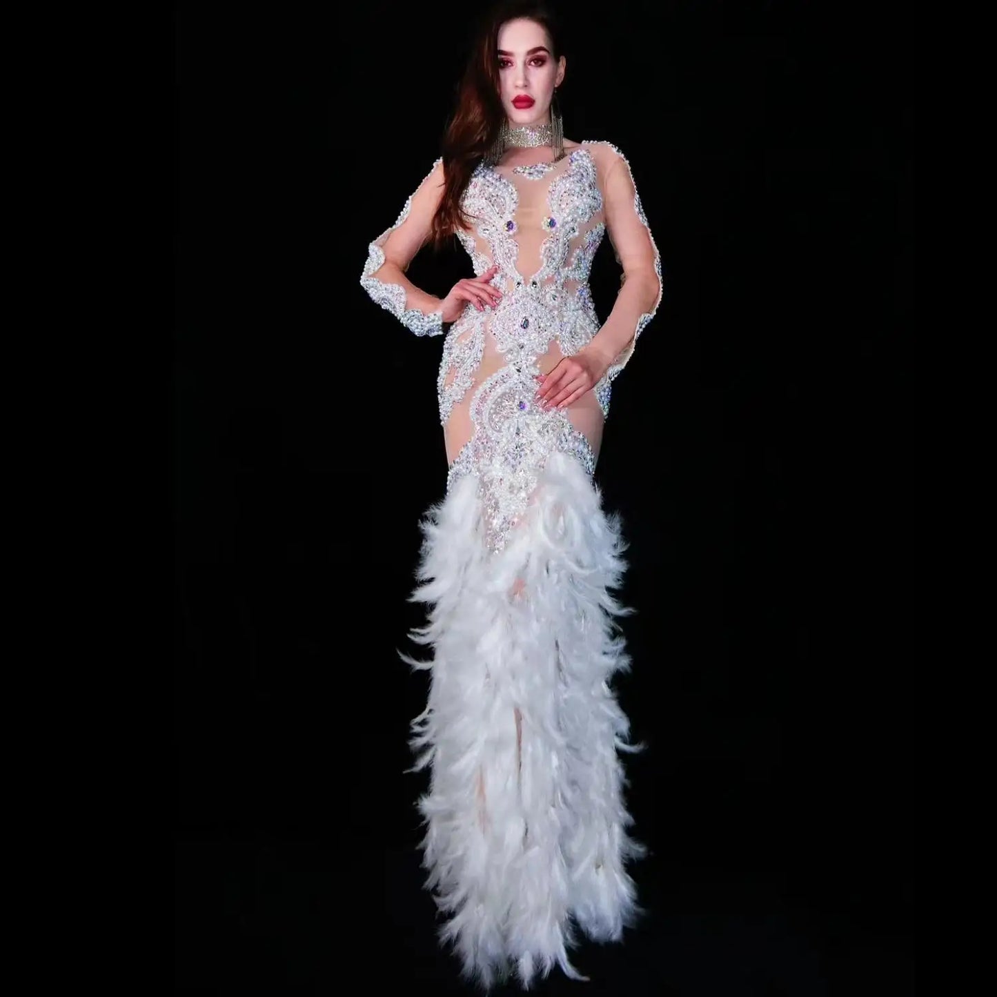 White Rhinestone Pearl Feather High Split Dresses Long Dress Prom Birthday Party Dress Women Stage Performance Clothes Baizhubao