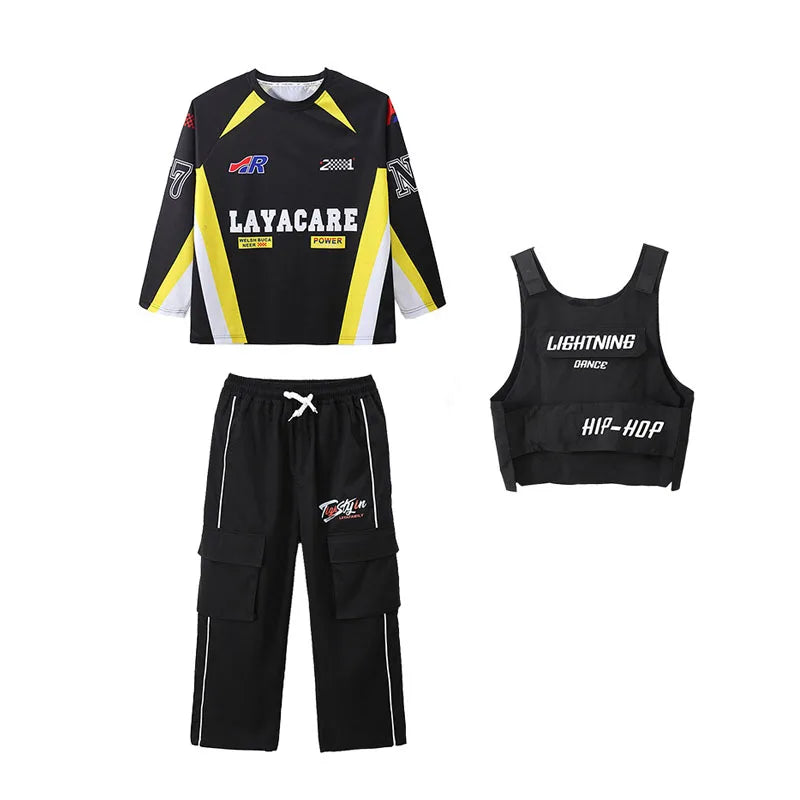 Kid Hip Hop Clothing Yellow Racing Long Sleeve T Shirt Vest Black Casual Cargo Pants for Girls Boys Jazz Dance Costume Clothes