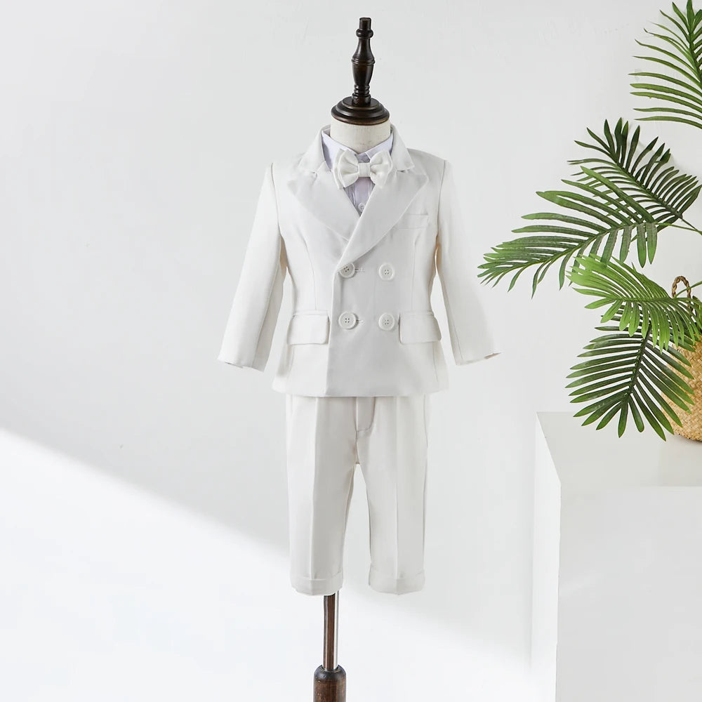 Young child Boy White Suit Baptism Birthday Party Photograph Clothes Dress Baby Jacket Straps Pants Bowtie 3PCS Eid Kids Attire