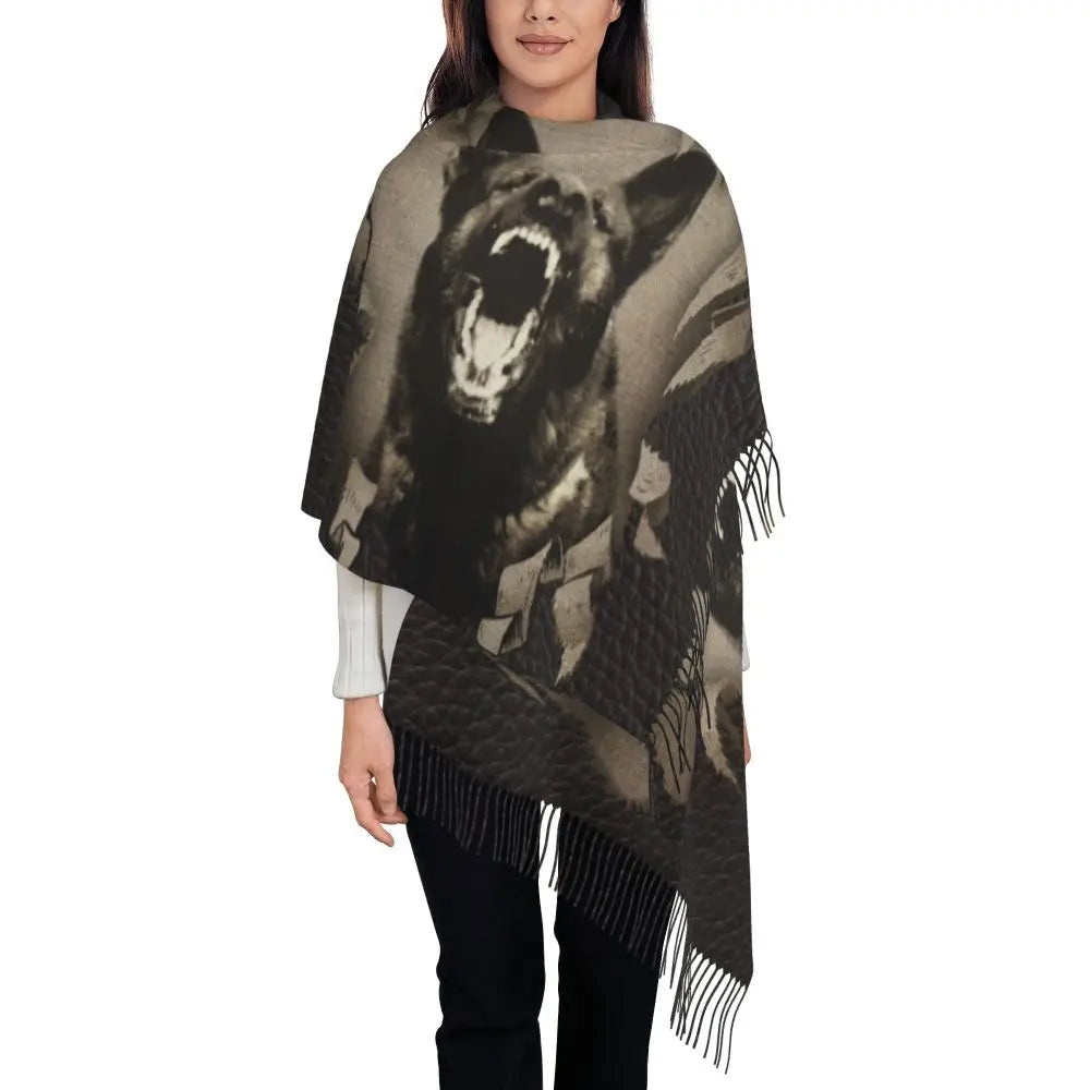 German Shepherd Courage Scarf Wrap Women Long Winter Fall Warm Tassel Shawl Unisex Alsatian Wolf Dog Lover Scarves