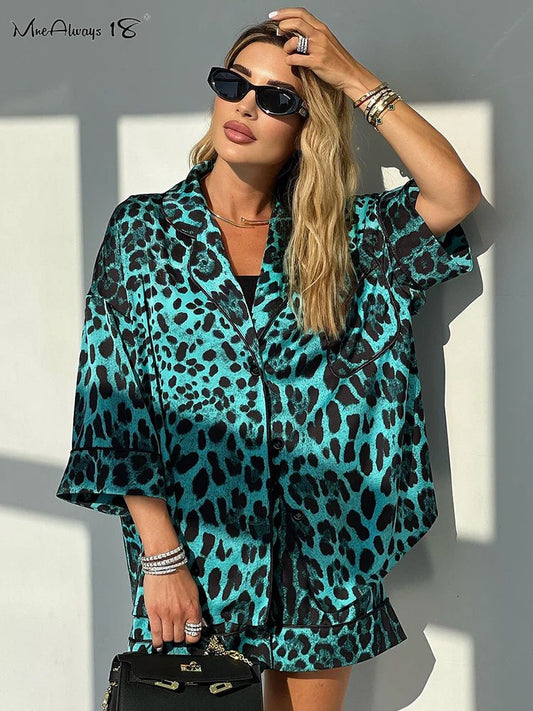 Mnealways18 Green Leopard Print Shorts Suits 2 Pieces Fashion Lady Casual Homewear 2024 Shirt And Shorts Printing Sets Sleepwear