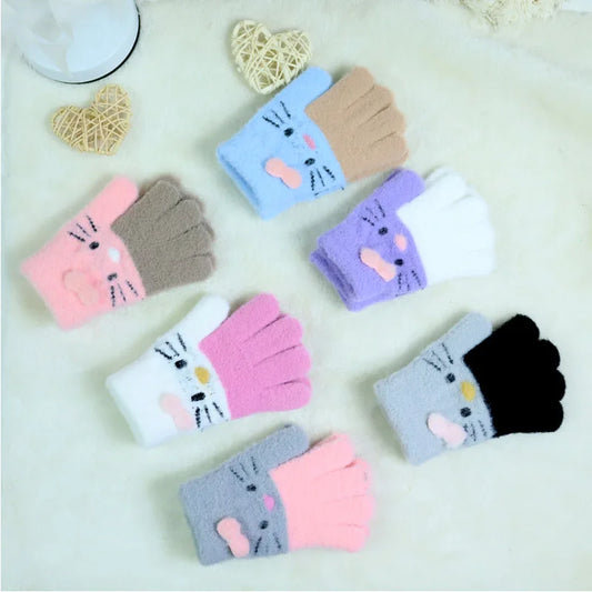 Winter Warm Woolen Gloves for 4-10 Years Old Cute Cartoon Cat Fingers Children's Color Block Gloves