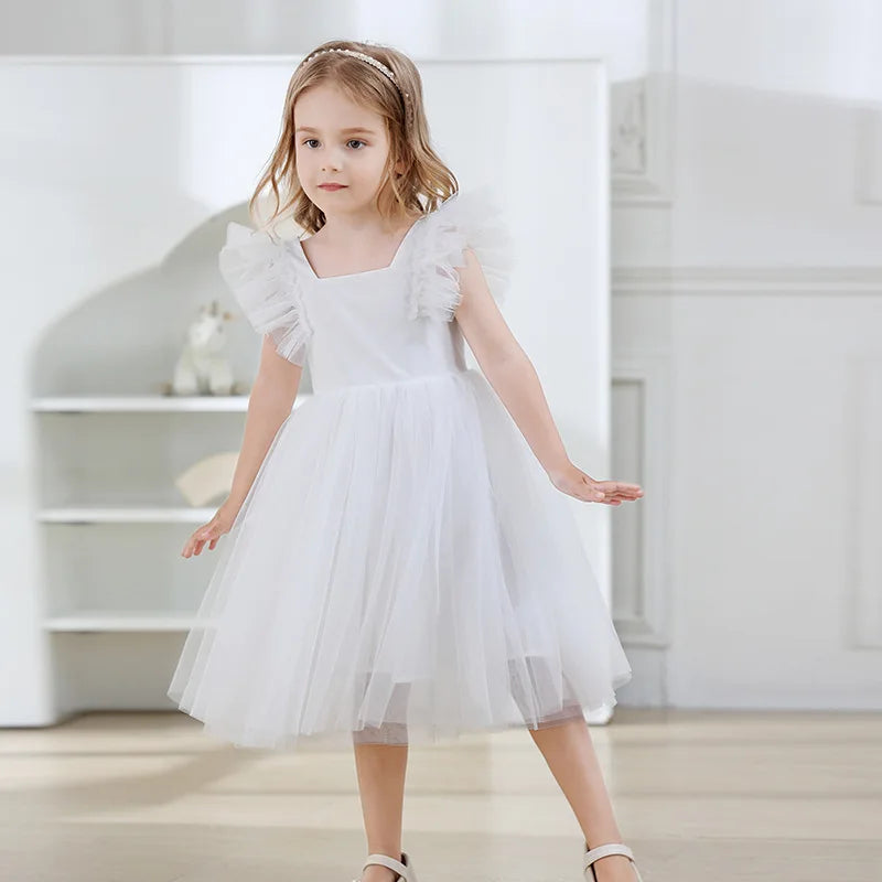 Baby Girl Princess Tutu Dress Fly Sleeve Infant Toddler Child Mesh Tulle Back Bow Vestido Dance Party Birthday Baby Clothes 1-5Y