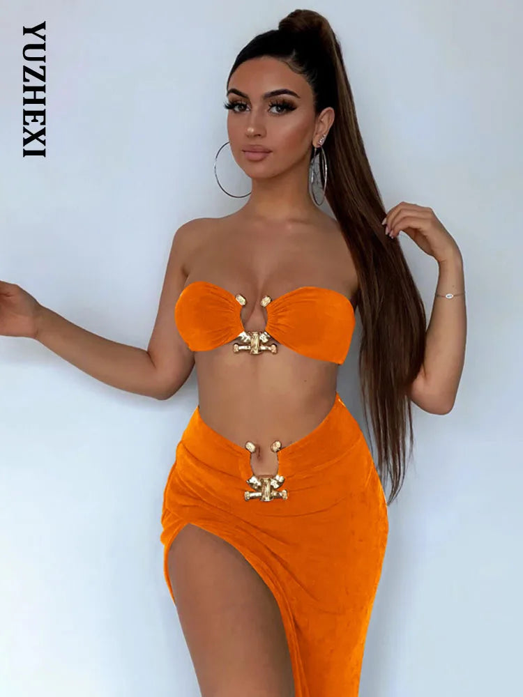Elegant Sexy Bandeau Top with Slit Asymmetrical Skirt Two Piece Set Women Summer Party Festival Matching Sets Orange