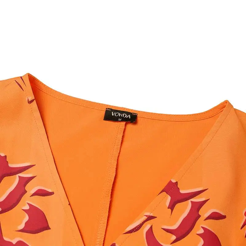 Plus Size 5XL VONDA Women Summer Jumpsuits Sexy V-Neck Flare Sleeve Printed Long Romper Casual High Elastic Waist Playsuits