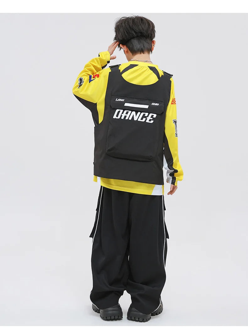 Kid Hip Hop Clothing Yellow Racing Long Sleeve T Shirt Vest Black Casual Cargo Pants for Girls Boys Jazz Dance Costume Clothes