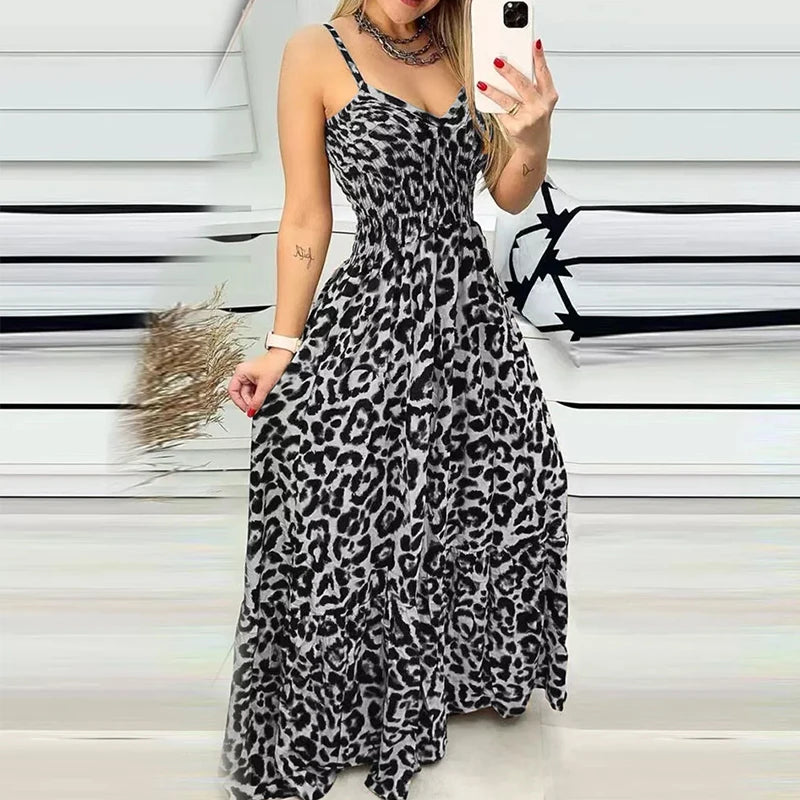 Summer Women's Leopard V-neck Suspender Dress Bohemian Style High Waist Sexy Temperament Fashion Dress Holiday Party Sundress