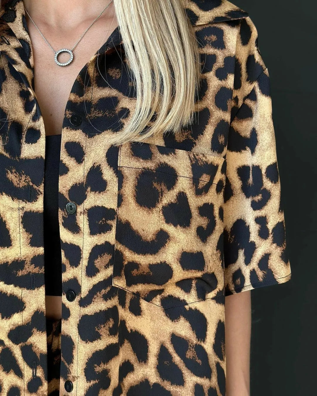 Leopard Print Suit Women's Summer 2024 Leopard Print Short-sleeved Shorts Suit Leopard Print Shirt Shorts Women's Two-piece Set