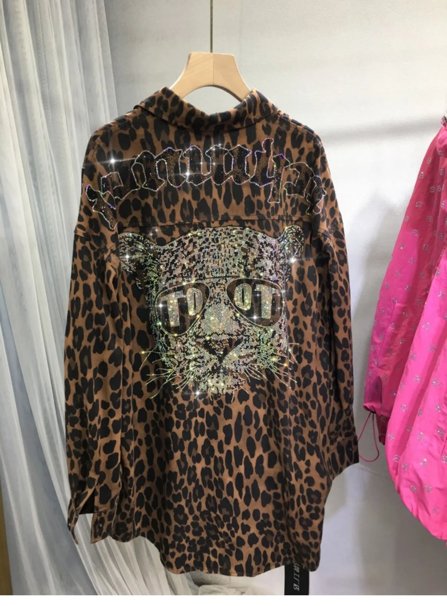 European Goods Heavy Industry Hot Diamond Shirt Women Domineering Tiger Head Leopard Print Cardigan Loose Autumn and Winter Coat