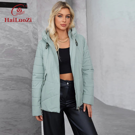 HaiLuoZi 2024 new Plus size women's jacket Hooded side pockets winter thin solid color high quality women's casual jacket 3358