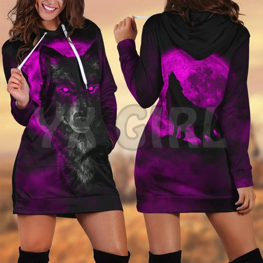 YX GIRL Wolf  3D Printed Hoodie Dress Novelty Hoodies Women Casual LongSleeve Hooded Pullover Tracksuit