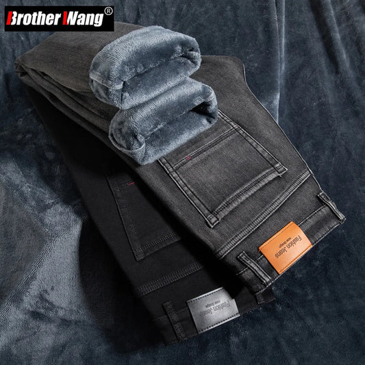 2023 Winter Warm Men's Jeans Fleece Thickened Elastic Smoke Gray Black Business Straight Casual Denim Pants Brand Man Clothes