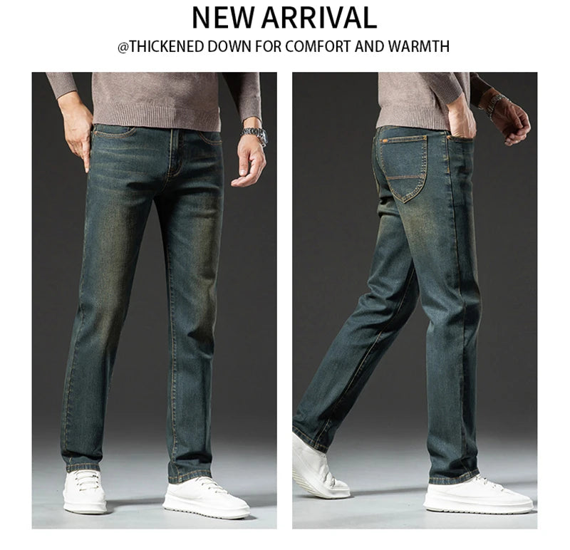 Winter New Men's Brand Thick Brushed Jeans Casual Elastic Comfortable Straight Fashion Retro Fleece Denim Trousers