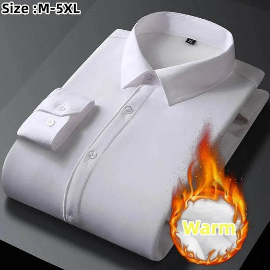 2024 Men's Autumn Winter Long Sleeve Shirts White Warm Fleece Stretch Shirt Formal Business Office Wear Dress Shirts Male M-5XL