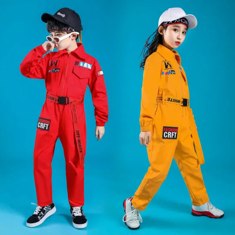 Kids Boys Girls Long Sleeve Casual Jumpsuit Cargo Pant Children Teenager Streetwear Hip Hop Playsuits Dance Stage Show Clothing