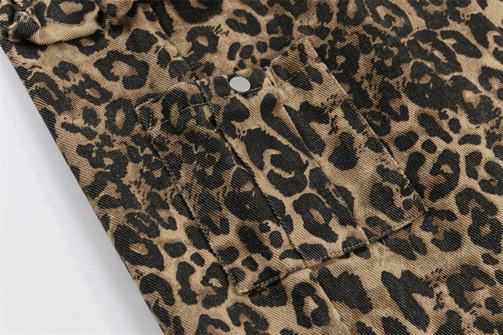 Leopard Print Cargo Pants Mens Multi-Pocket Retro Streetwear Straight Loose Wide Leg Trousers Men